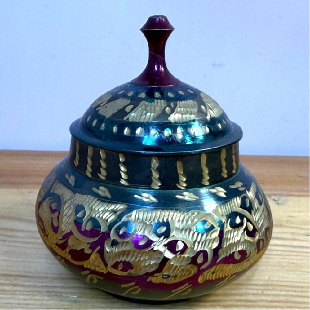 Vintage Indian Style Brass Enamel Trinket Box Teal Burgundy Gold 4"